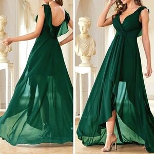 NEW Flowy Chiffon Wrap High Low Maxi Dress Dark Green